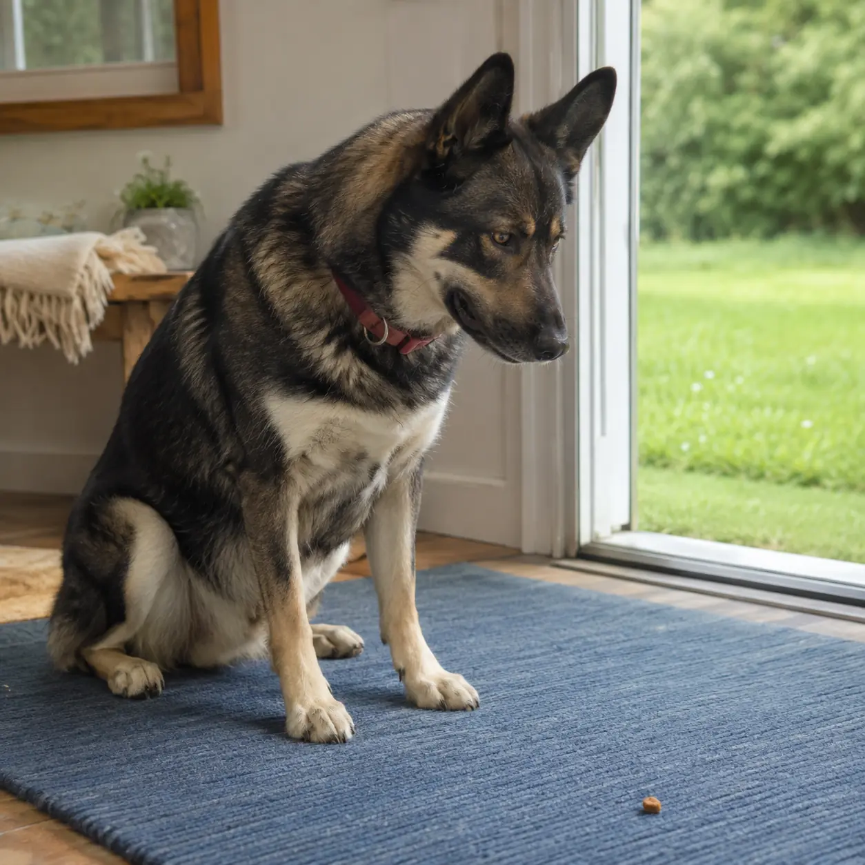 Max sitting calmly on a blue non-slip rug just inside an open patio door