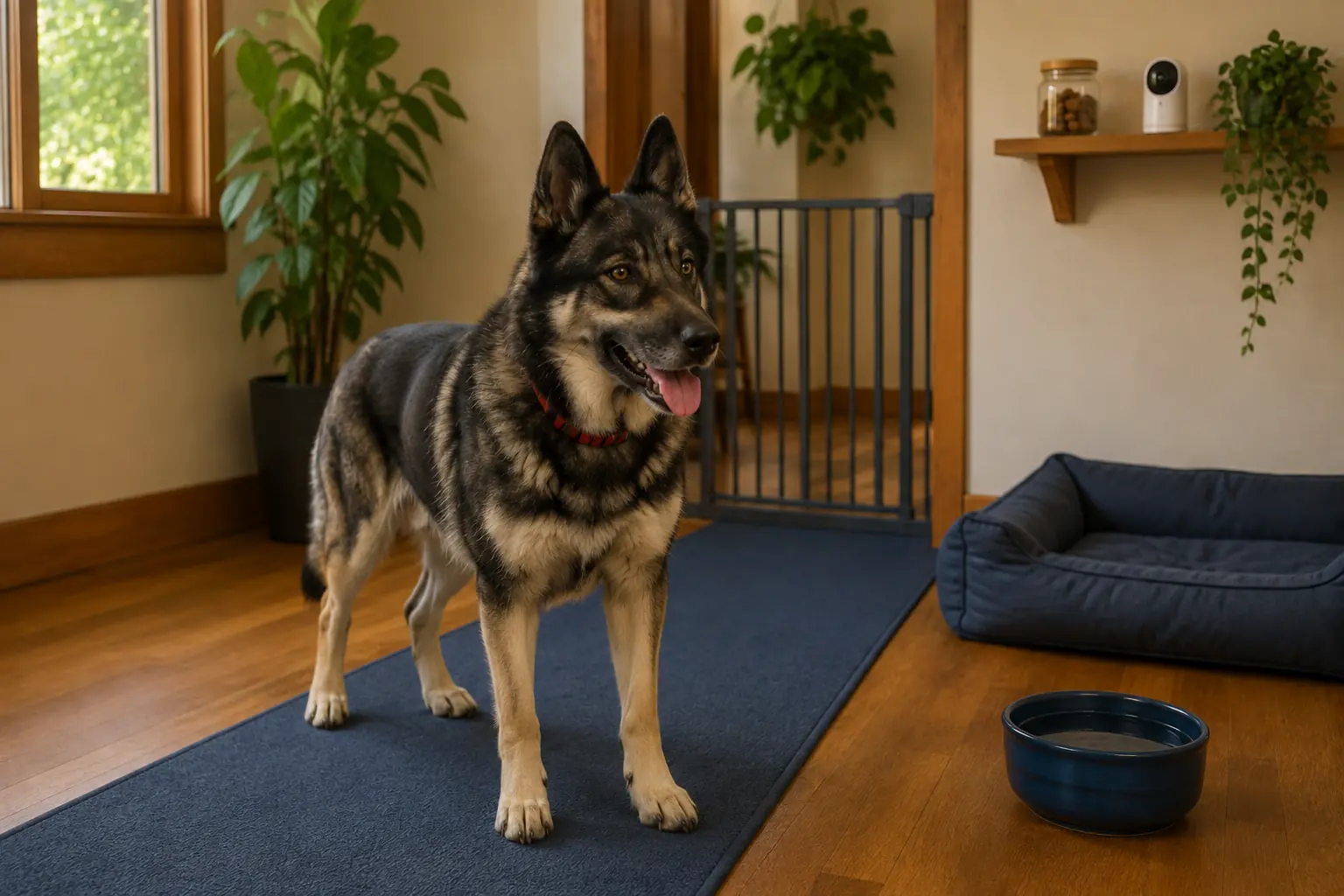 Max standing in a calm indoor home base with a blue runner, bed, baby gate, water, treats, and camera